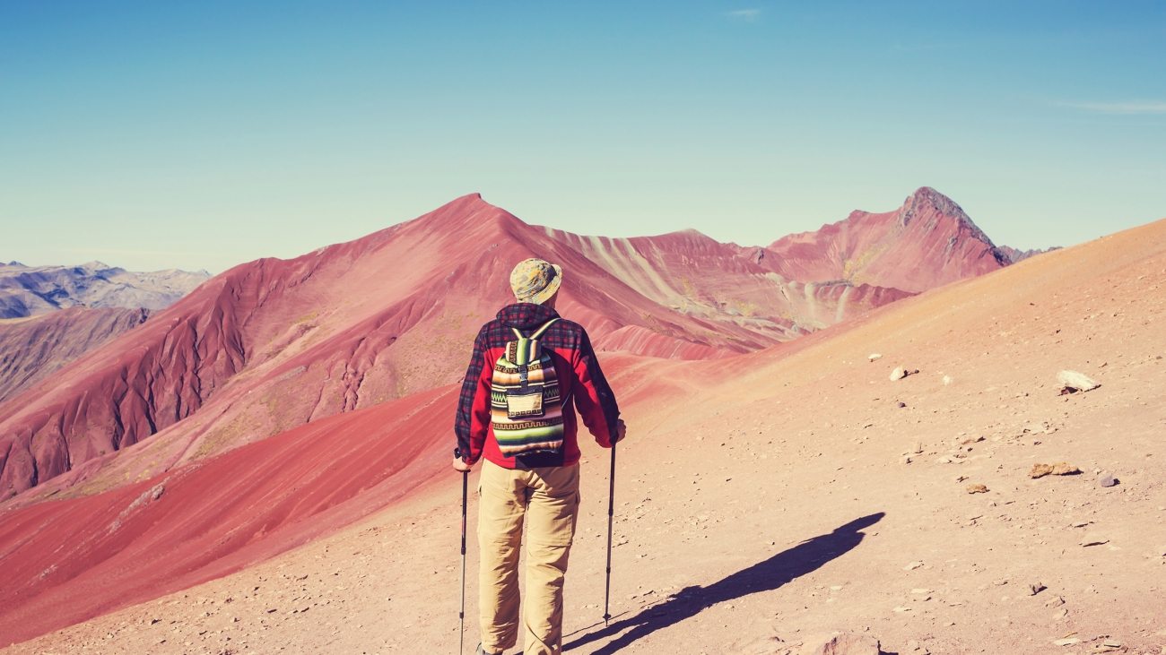 Hiking scene in Vinicunca, Cusco Region, Peru. Montana de Siete Colores,  Rainbow Mountain.