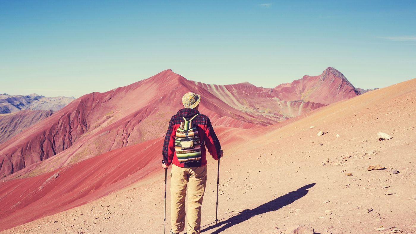 Hiking scene in Vinicunca, Cusco Region, Peru. Montana de Siete Colores, Rainbow Mountain.