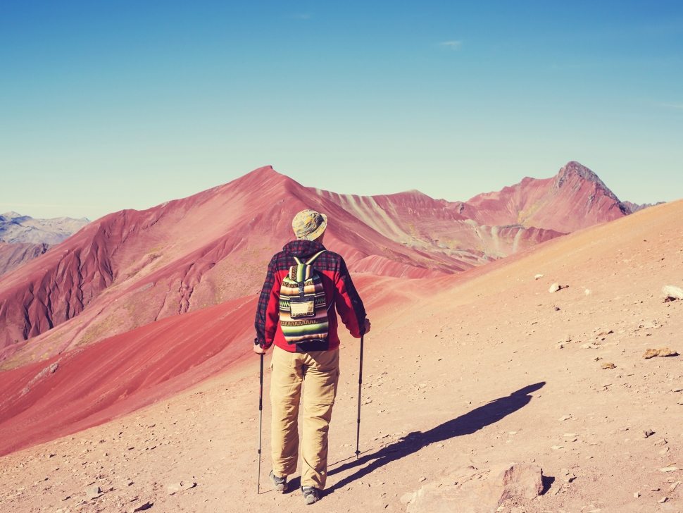 Hiking scene in Vinicunca, Cusco Region, Peru. Montana de Siete Colores,  Rainbow Mountain.